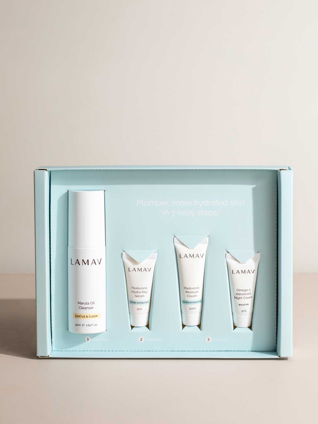 A blue box showcases the LAMAV Hydration Skin Discovery Pack (4 Pack), featuring a large pump bottle and three small tubes. Text on the box reads: "Plumper, more hydrated skin in 3 easy steps with hydration skin care.