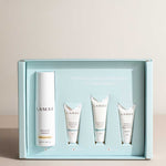 A blue box showcases the LAMAV Hydration Skin Discovery Pack (4 Pack), featuring a large pump bottle and three small tubes. Text on the box reads: "Plumper, more hydrated skin in 3 easy steps with hydration skin care.
