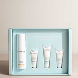A blue box showcases the LAMAV Hydration Skin Discovery Pack (4 Pack), featuring a large pump bottle and three small tubes. Text on the box reads: "Plumper, more hydrated skin in 3 easy steps with hydration skin care.