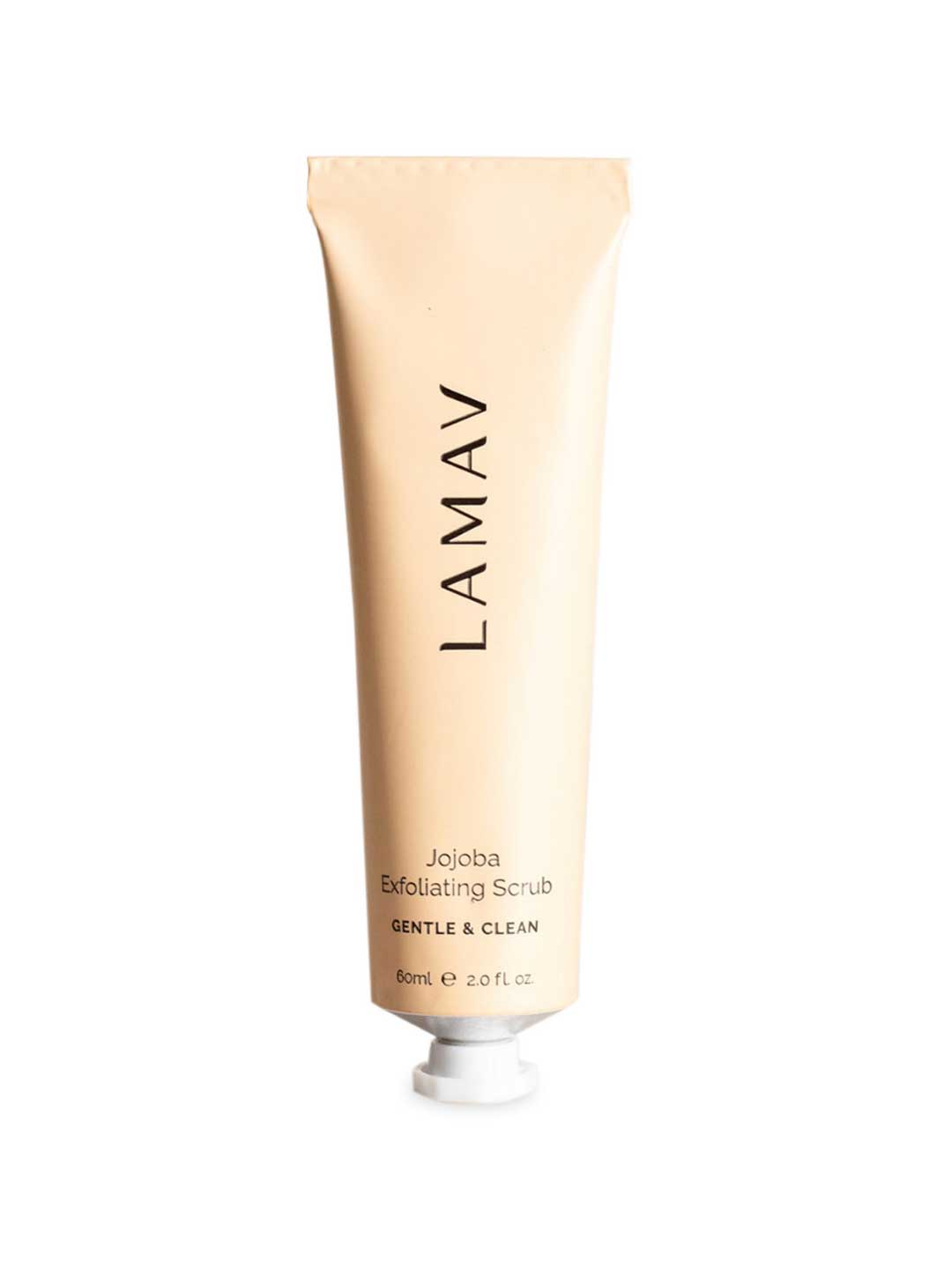 A beige tube of LAMAV Jojoba Exfoliating Scrub 60ml stands upright on a white background, showcasing this gentle natural exfoliator designed for radiant skin.