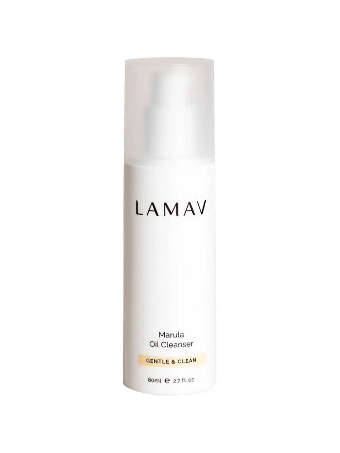 A white bottle of LAMAV Marula Oil Cleanser 80ml features a frosted cap and a label with LAMAV, Marula Oil Cleanser, and a yellow "Gentle & Clean" strip. This organic, antioxidant-rich cleanser comes in an 80ml (2.7 fl oz) size.