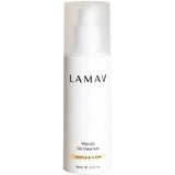 A white bottle of LAMAV Marula Oil Cleanser 80ml features a frosted cap and a label with LAMAV, Marula Oil Cleanser, and a yellow "Gentle & Clean" strip. This organic, antioxidant-rich cleanser comes in an 80ml (2.7 fl oz) size.