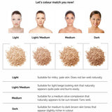 Four women with different skin tones (Light, Light/Medium, Medium, Dark) are shown above LAMAV Anti Ageing Mineral Foundation SPF 15 8g shades, each with a brief note on suitable skin types for this mineral makeup.