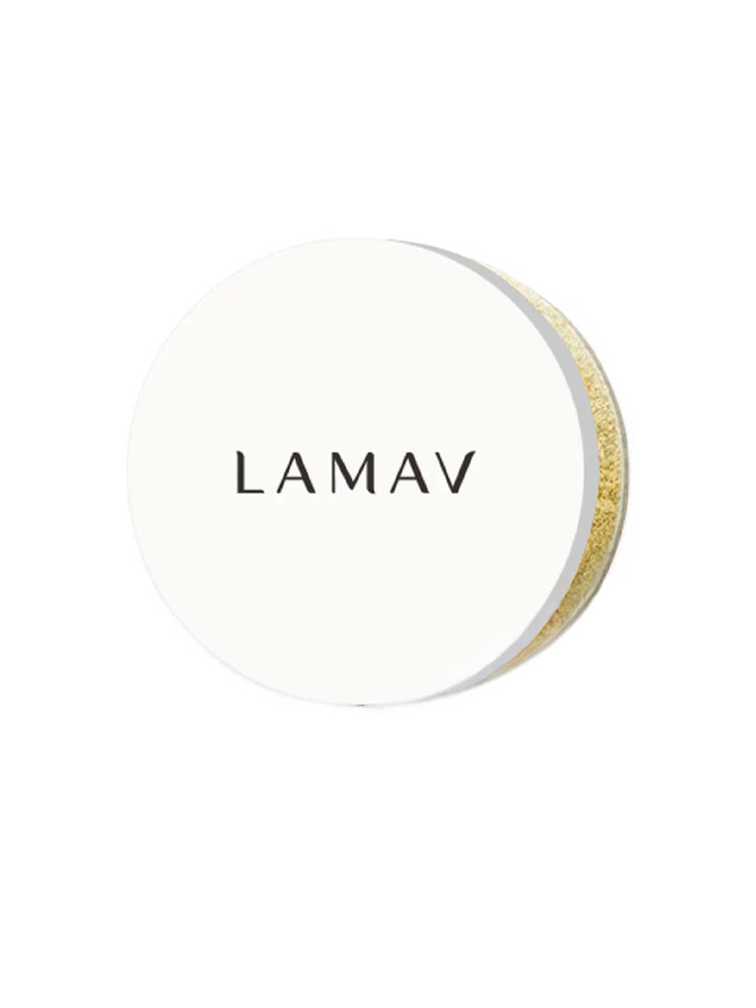 A round white lid with "LAMAV" in black caps, shown on a white background. A gold edge hints this belongs to the LAMAV Mattifying Powder 8g, a talc-free loose powder.