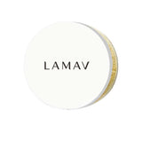 A round white lid with "LAMAV" in black caps, shown on a white background. A gold edge hints this belongs to the LAMAV Mattifying Powder 8g, a talc-free loose powder.