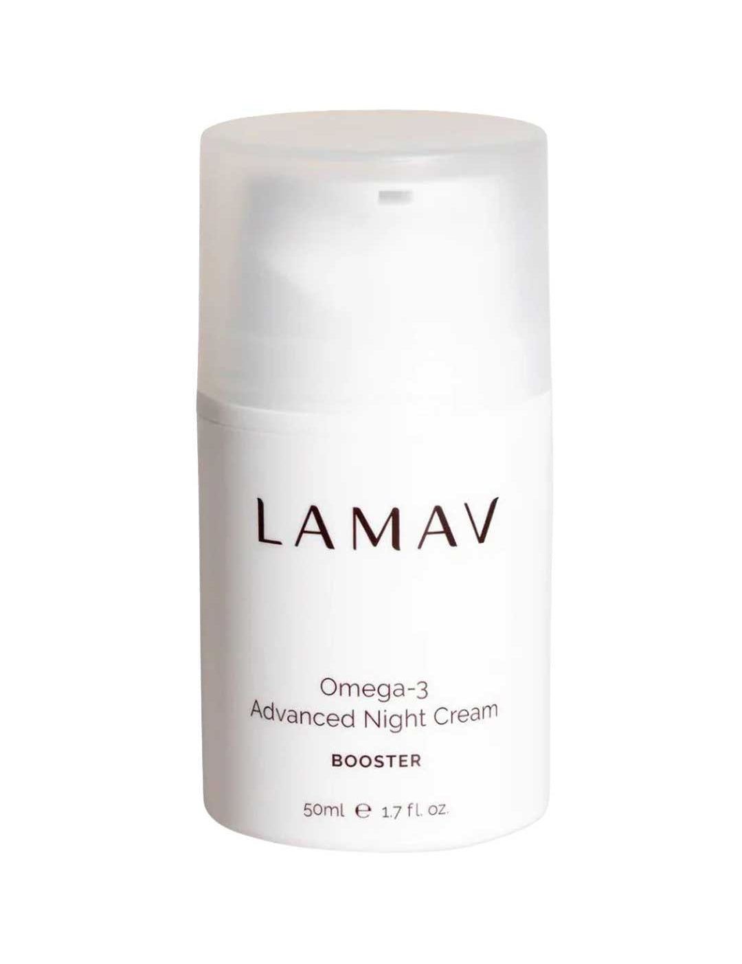 A white cylindrical bottle of LAMAV Omega-3 Advanced Night Cream 50ml with a clear cap. The label highlights this hydrating night cream and specifies a volume of 50ml (1.7 fl oz).