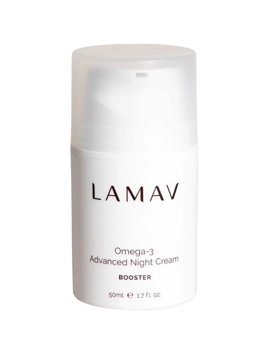 A white cylindrical bottle of LAMAV Omega-3 Advanced Night Cream 50ml with a clear cap. The label highlights this hydrating night cream and specifies a volume of 50ml (1.7 fl oz).