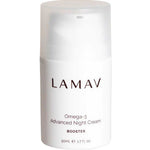 A white 50ml bottle of LAMAV Omega-3 Advanced Night Cream features minimalist black text, a clear plastic lid, and Fucoidan extract for advanced anti-aging benefits.