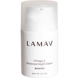 A white cylindrical bottle of LAMAV Omega-3 Advanced Night Cream 50ml with a clear cap. The label highlights this hydrating night cream and specifies a volume of 50ml (1.7 fl oz).