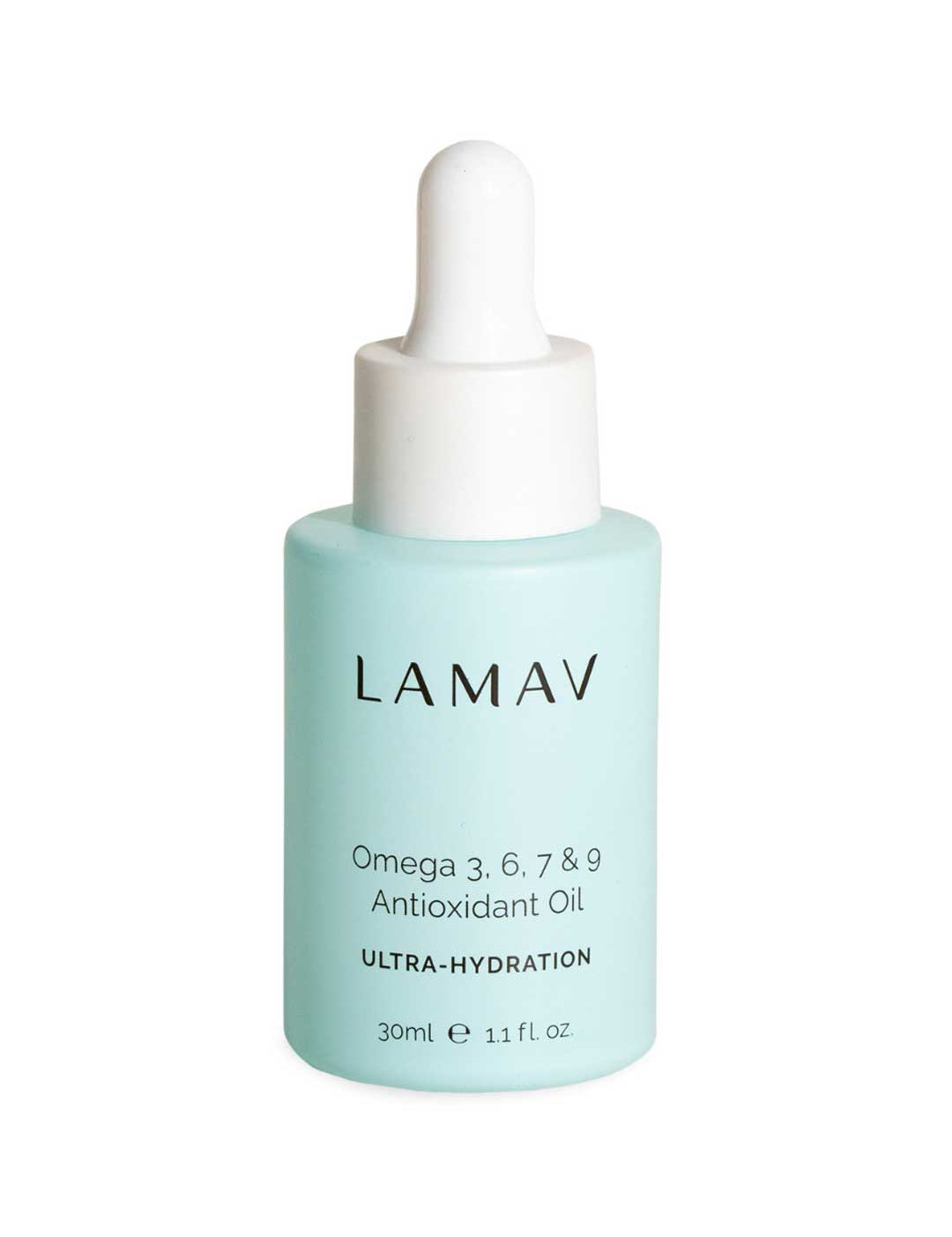 A light blue bottle of LAMAV Omega 3,6,7 & 9 Antioxidant Oil (30ml) with a white dropper cap. The label highlights omega fatty acids, making it ideal for organic skincare routines.