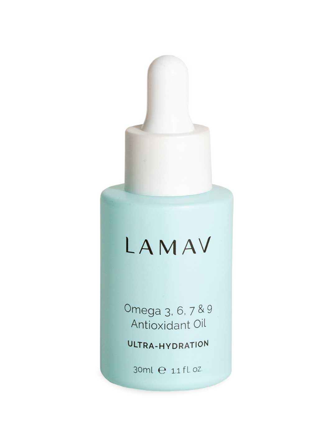 A light blue bottle of LAMAV Omega 3,6,7 & 9 Antioxidant Oil (30ml) with a white dropper cap. The label highlights omega fatty acids, making it ideal for organic skincare routines.