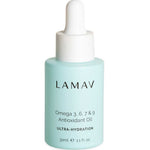 A light blue bottle of LAMAV Omega 3,6,7 & 9 Antioxidant Oil with a white dropper cap. The label says Ultra-Hydration (30ml/1.1 fl oz). This omega-rich facial oil is ideal for dry skin.