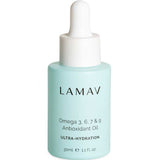 A light blue bottle of LAMAV Omega 3,6,7 & 9 Antioxidant Oil (30ml) with a white dropper cap. The label highlights omega fatty acids, making it ideal for organic skincare routines.