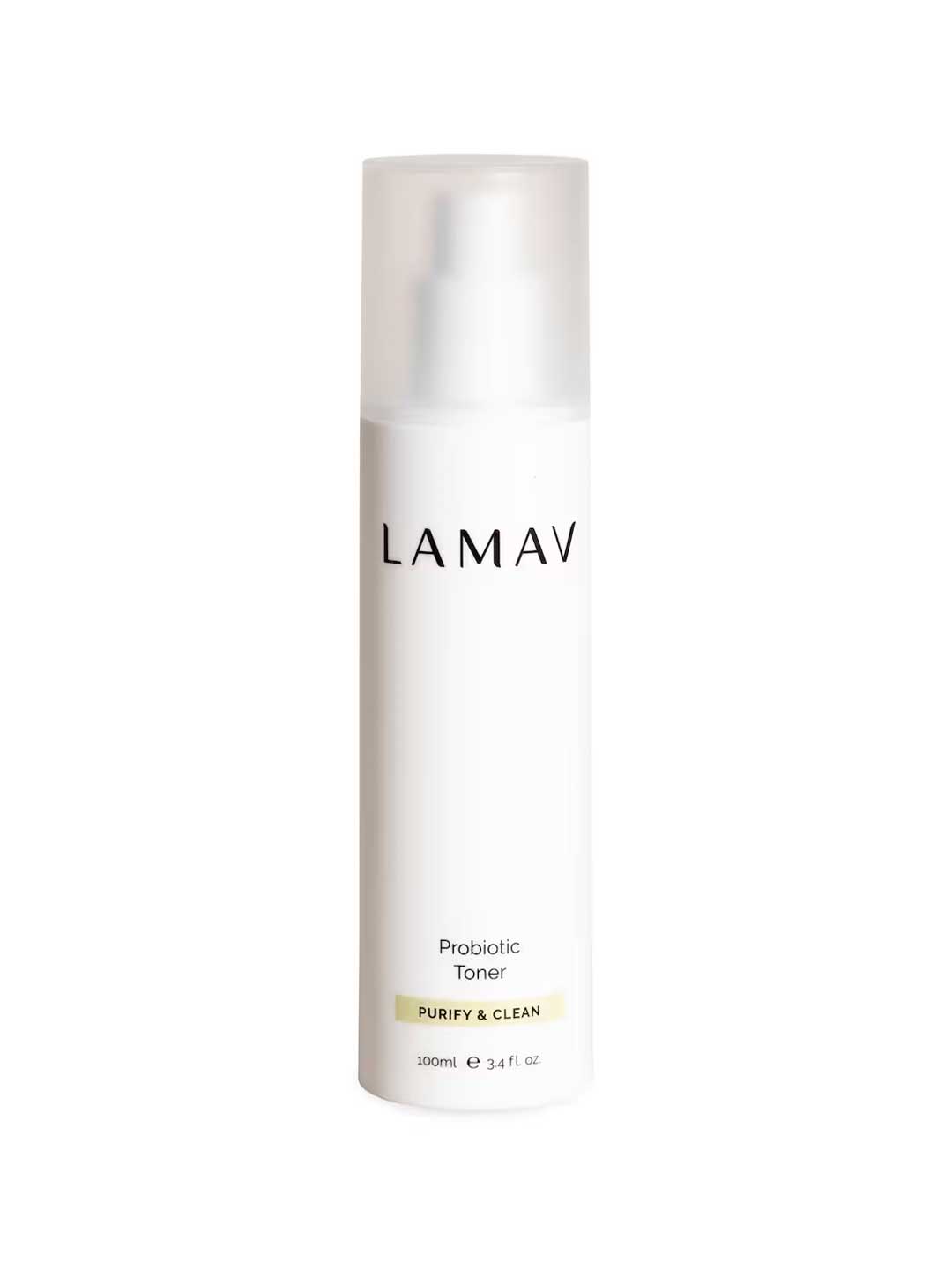 A white 100ml bottle of LAMAV Probiotic Toner with a clear cap, labeled in black and gold, ideal as a facial toner for oily skin with nourishing Alpha Hydroxy Acids.