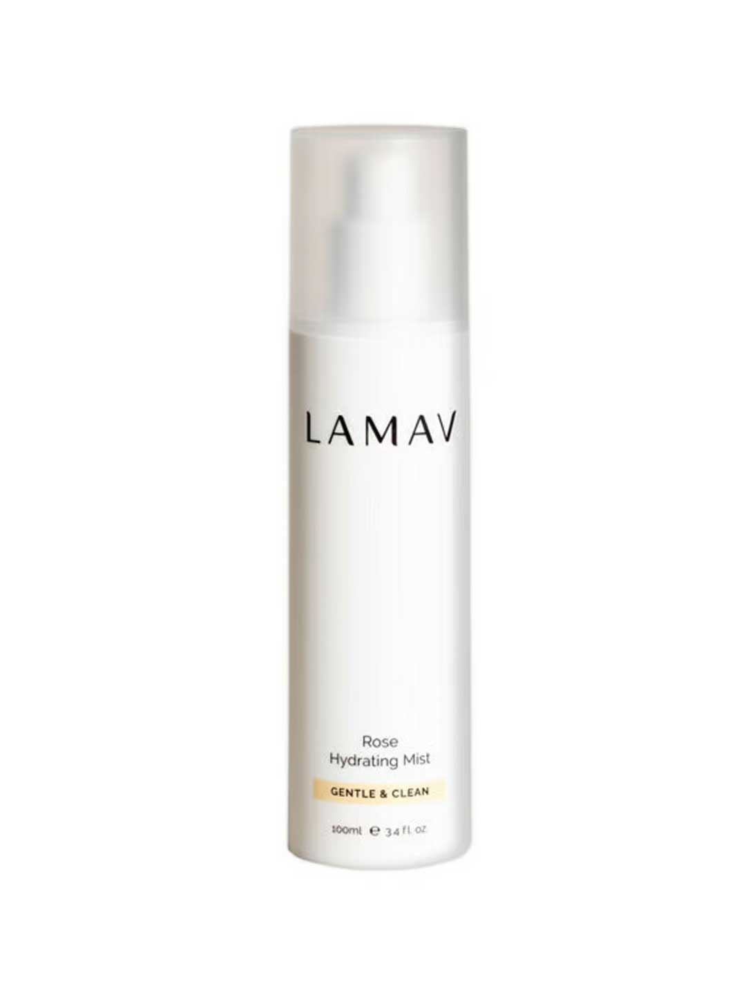 A white bottle of LAMAV Rose Hydrating Mist 100ml with a translucent cap. The gentle, clean formula is infused with Kakadu Plum to hydrate skin. The label lists the size as 100ml (3.4 fl oz).