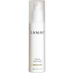 A white bottle of LAMAV Rumex Day Cream, featuring a pump dispenser and gold accents. This organic moisturiser comes in a 50ml (1.7 fl oz) size and is formulated to reduce pigmentation.