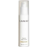 A white bottle of LAMAV Rumex Day Cream 50ml with a pump dispenser, designed to reduce pigmentation, sits against a plain background. This organic moisturiser promotes radiant skin.