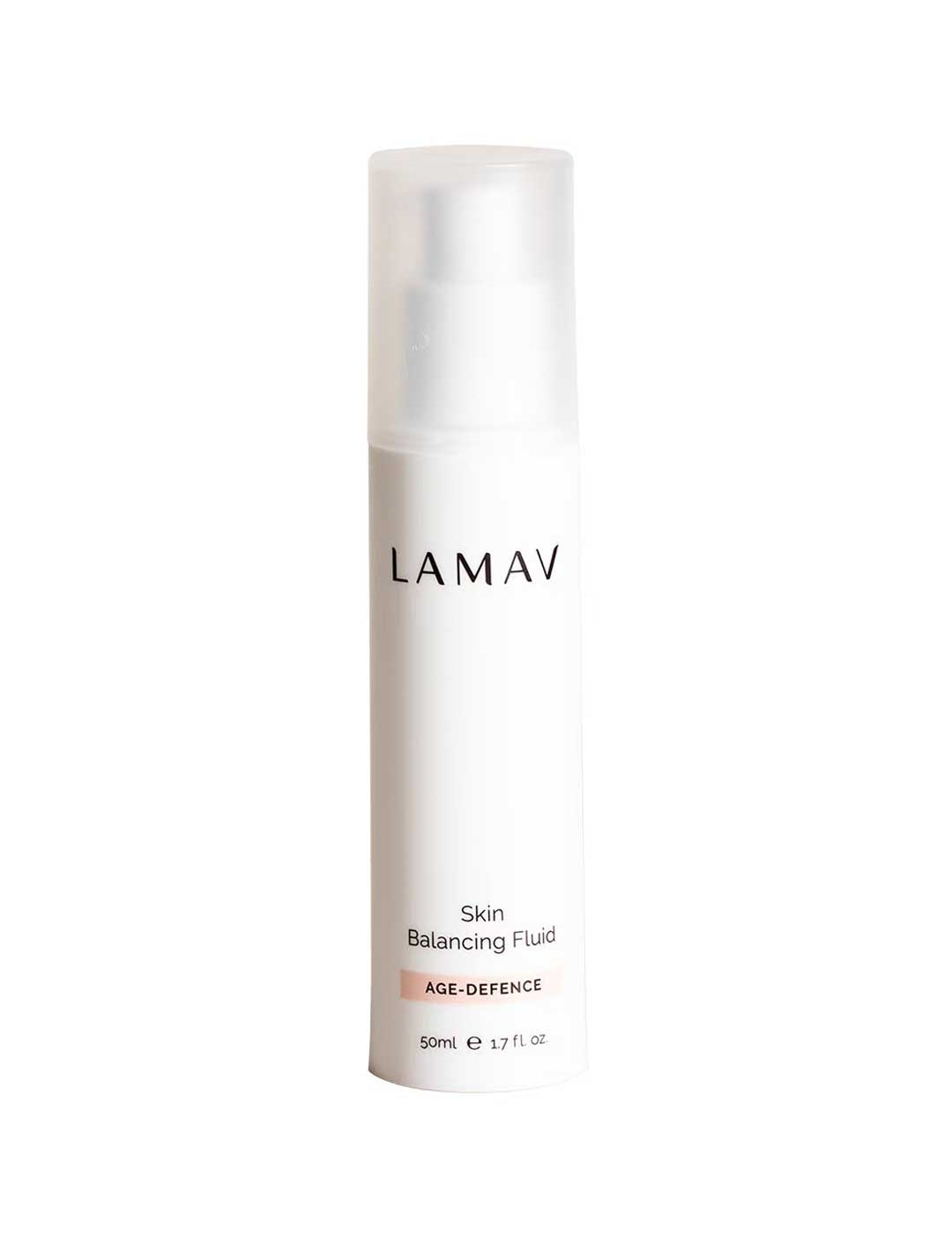 A white 50ml bottle of LAMAV Skin Balancing Fluid stands upright with a clear cap and Age-Defence label, highlighted against a plain white background. This mattifying fluid offers vitamin C skincare benefits.