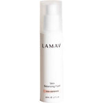 The LAMAV Skin Balancing Fluid is a 50ml white bottle with a clear cap, labeled “Age-Defence.” Featuring minimalist black and pink text, this mattifying vitamin C essential from LAMAV offers balanced, radiant skin.