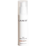 A white 50ml bottle of LAMAV Skin Balancing Fluid stands upright with a clear cap and Age-Defence label, highlighted against a plain white background. This mattifying fluid offers vitamin C skincare benefits.