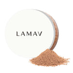 A round white container labeled LAMAV with loose, light brown powder spilled in front, identified as the LAMAV Sunkissed Bronzer 3g.