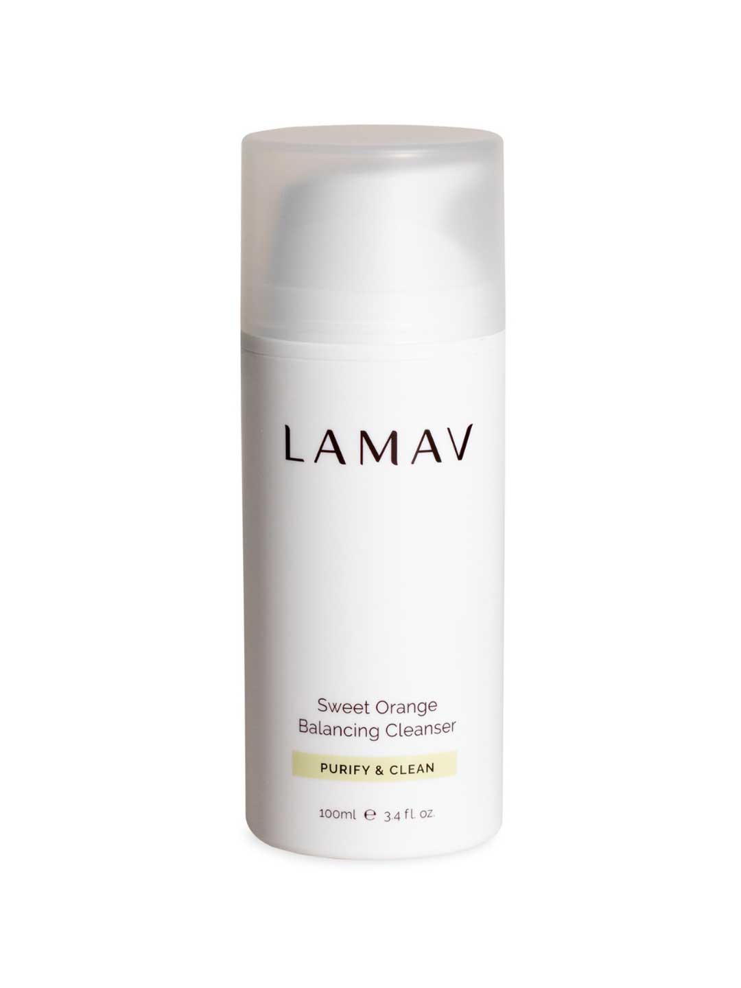 A 100ml white bottle of LAMAV Sweet Orange Balancing Cleanser features a translucent cap and Purify & Clean label, offering a natural face wash.