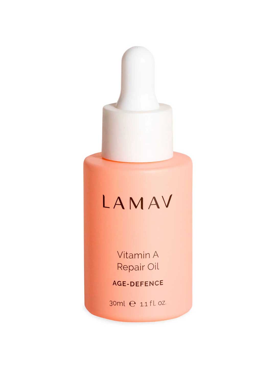 A peach-colored bottle of LAMAV Vitamin A Repair Oil 30ml with bakuchiol and a white dropper cap. The label highlights it as an anti-ageing facial oil that offers age-defence benefits.