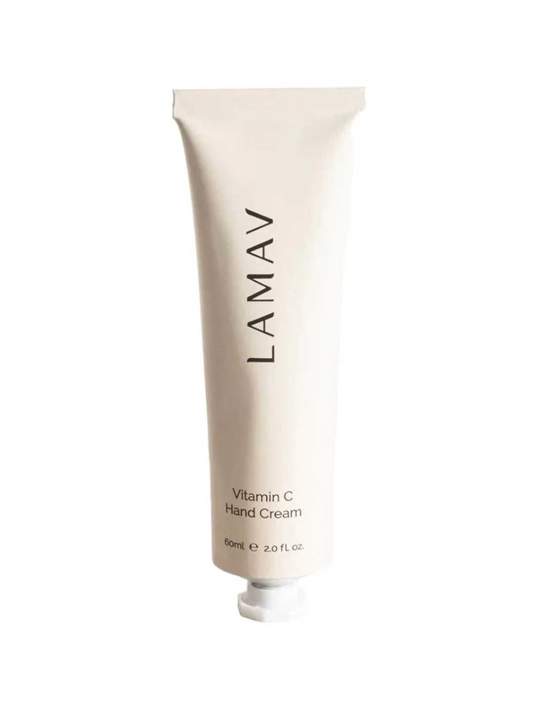 A beige tube of LAMAV Vitamin-C Hand Cream 60ml stands upright, featuring the product name printed vertically on the front.