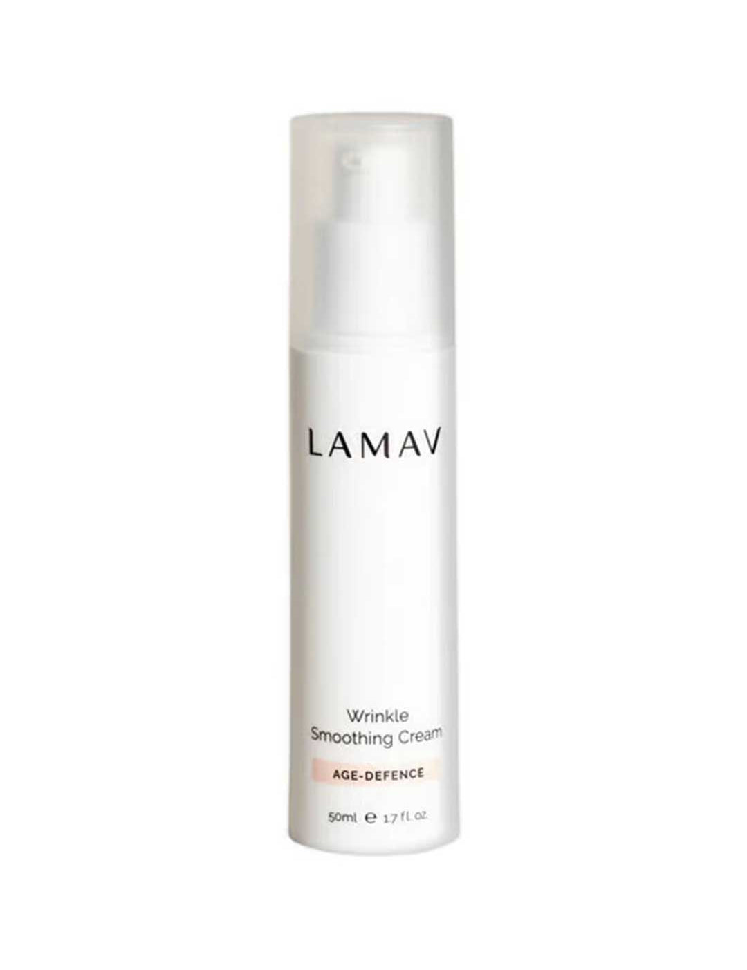 A white bottle of LAMAV Wrinkle Smoothing Cream 50ml with a clear cap and “AGE-DEFENCE” on the label. This face moisturiser supports skin firmness for a youthful appearance.
