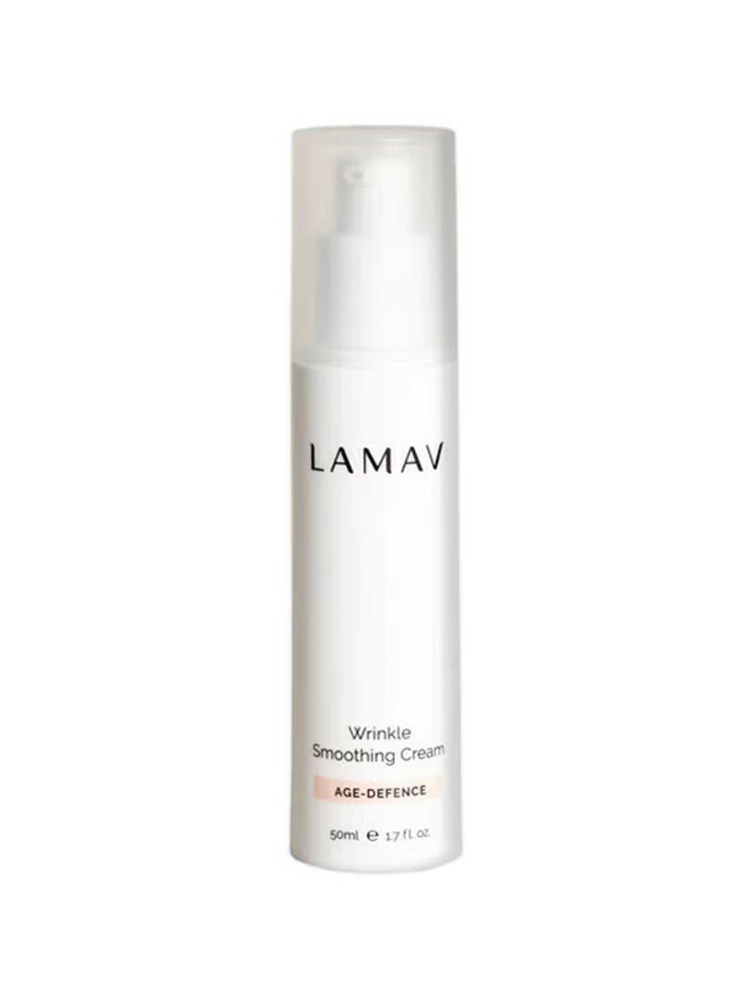 A white bottle of LAMAV Wrinkle Smoothing Cream 50ml with a clear cap and “AGE-DEFENCE” on the label. This face moisturiser supports skin firmness for a youthful appearance.