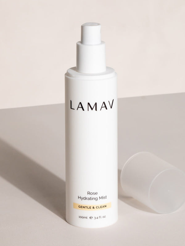LAMAV Rose Hydrating Mist bottle on a neutral background