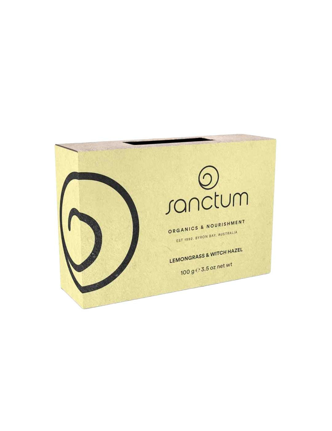 Sanctum Lemongrass & Witch Hazel Soap 100g by Sanctum is a vegan, organic soap in a rectangular yellow box with a black swirl design, offering gentle care and natural freshness.