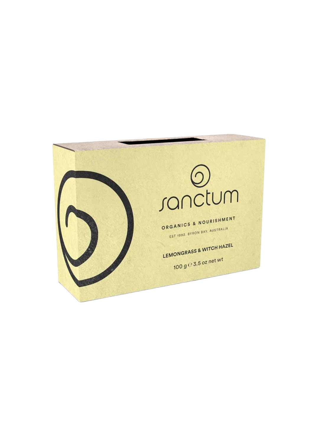 Sanctum Lemongrass & Witch Hazel Soap 100g by Sanctum is a vegan, organic soap in a rectangular yellow box with a black swirl design, offering gentle care and natural freshness.