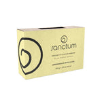 Sanctum Lemongrass & Witch Hazel Soap 100g by Sanctum is a vegan, organic soap in a rectangular yellow box with a black swirl design, offering gentle care and natural freshness.