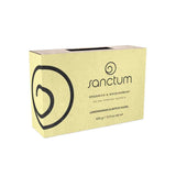 Sanctum Lemongrass & Witch Hazel Soap 100g by Sanctum is a vegan, organic soap in a rectangular yellow box with a black swirl design, offering gentle care and natural freshness.