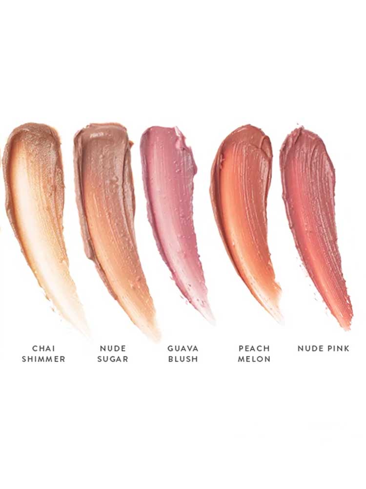 Five Luk Beautifood Lip Nourish Lipsticks 3g swatches—Chai Shimmer, Nude Sugar, Guava Blush, Peach Melon, and Nude Pink—are shown on a white background. Each uses food-grade ingredients and nourishing Avocado Oil.