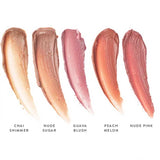 Five Luk Beautifood Lip Nourish Lipsticks 3g swatches—Chai Shimmer, Nude Sugar, Guava Blush, Peach Melon, and Nude Pink—are shown on a white background. Each uses food-grade ingredients and nourishing Avocado Oil.