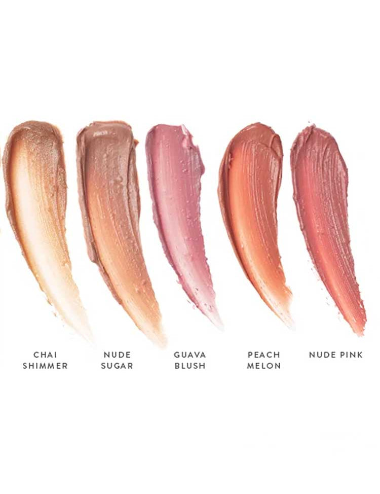 Five Luk Beautifood Lip Nourish Lipsticks 3g swatches—Chai Shimmer, Nude Sugar, Guava Blush, Peach Melon, and Nude Pink—are shown on a white background. Each uses food-grade ingredients and nourishing Avocado Oil.