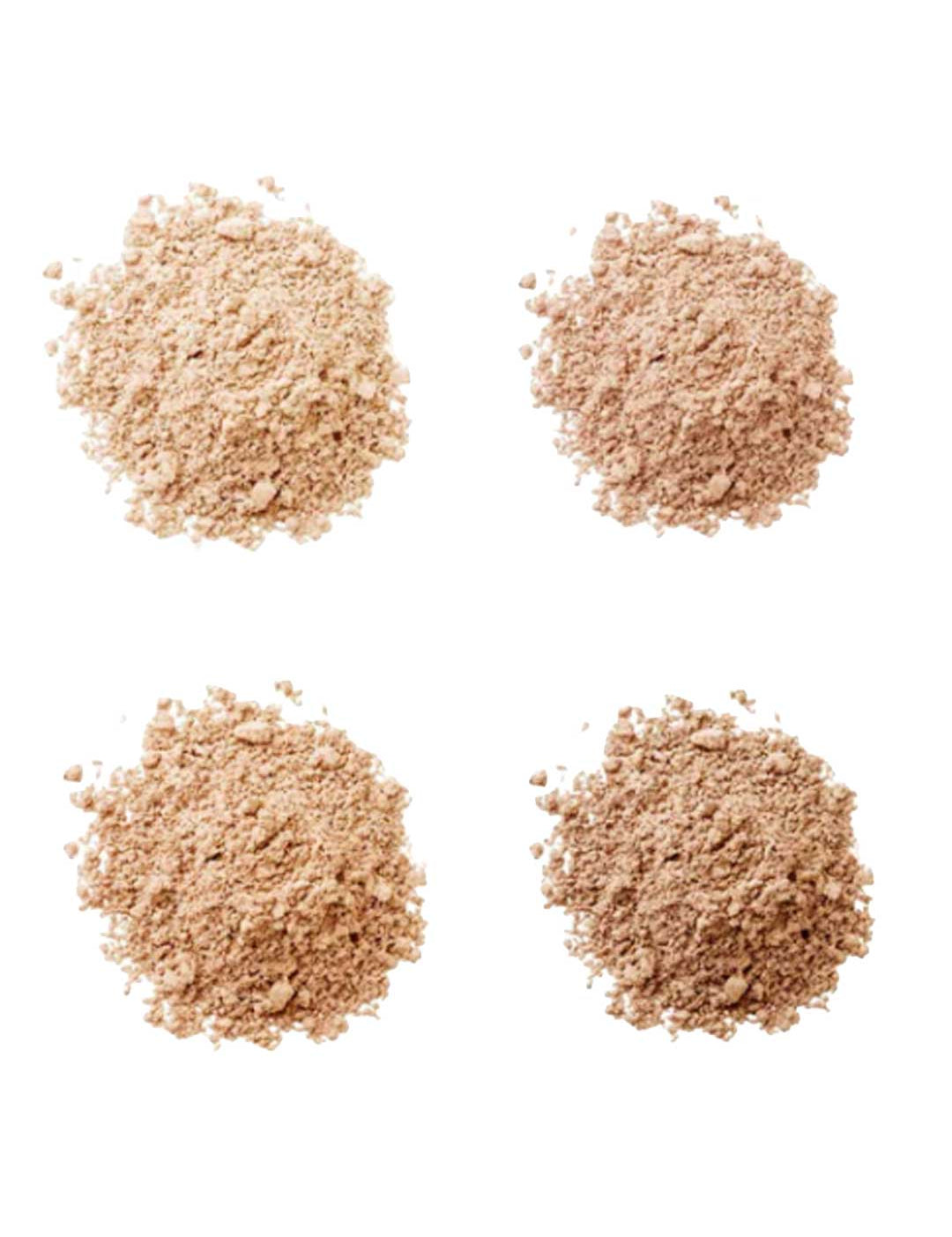 Four small piles of light brown LAMAV Anti Ageing Mineral Foundation SPF 15 arranged in a square on a white background, highlighting the smooth texture of this mineral powder by LAMAV.