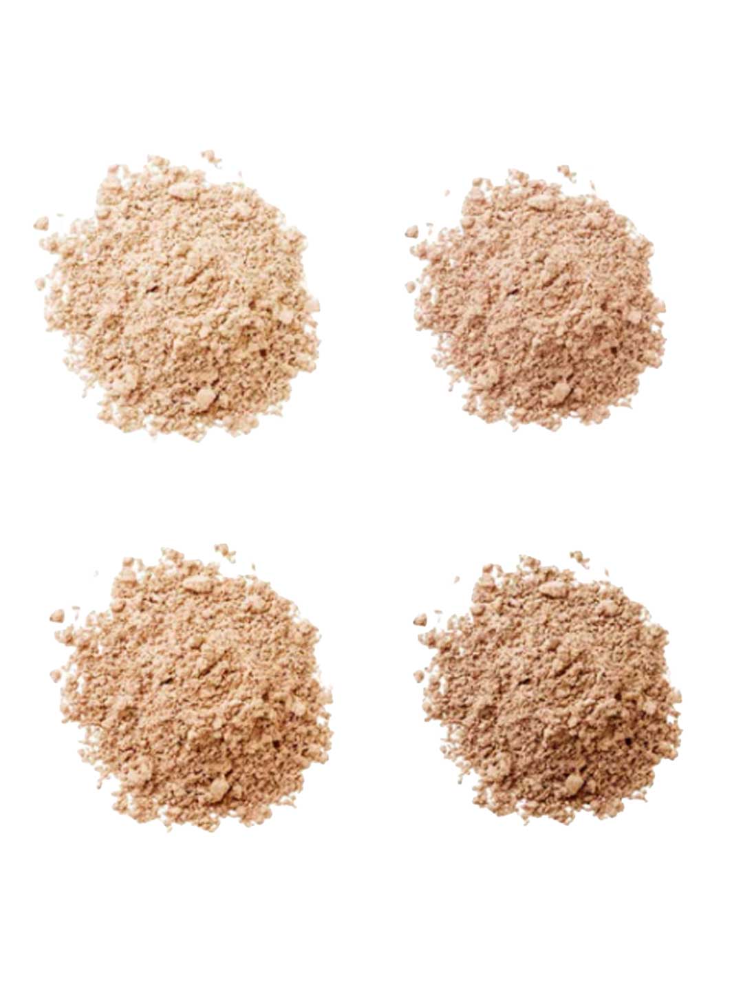 Four small piles of light brown LAMAV Anti Ageing Mineral Foundation SPF 15 arranged in a square on a white background, highlighting the smooth texture of this mineral powder by LAMAV.