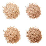 Four small piles of light brown LAMAV Anti Ageing Mineral Foundation SPF 15 arranged in a square on a white background, highlighting the smooth texture of this mineral powder by LAMAV.