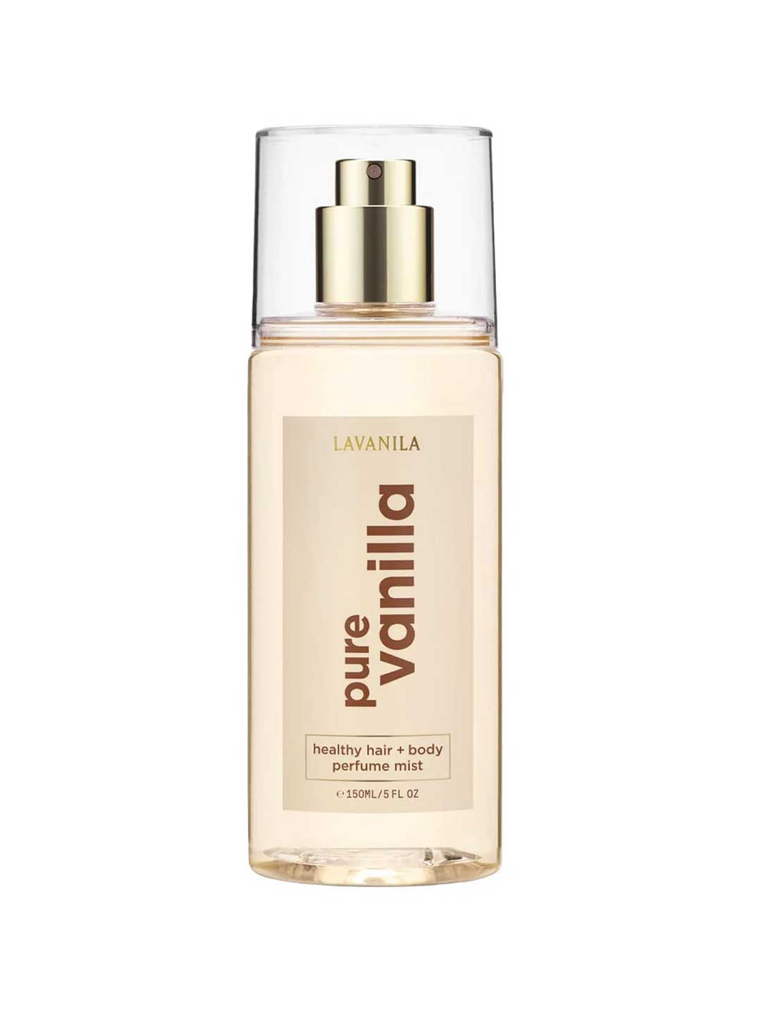 Lavanila Healthy Hair and Body Mist Pure Vanilla 150ml is a vegan fragrance spray for hair and skin, featuring a clear bottle with gold pump, transparent cap, and a luxurious vanilla scent.