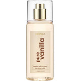 Lavanila Healthy Hair and Body Mist Pure Vanilla 150ml is a vegan fragrance spray for hair and skin, featuring a clear bottle with gold pump, transparent cap, and a luxurious vanilla scent.