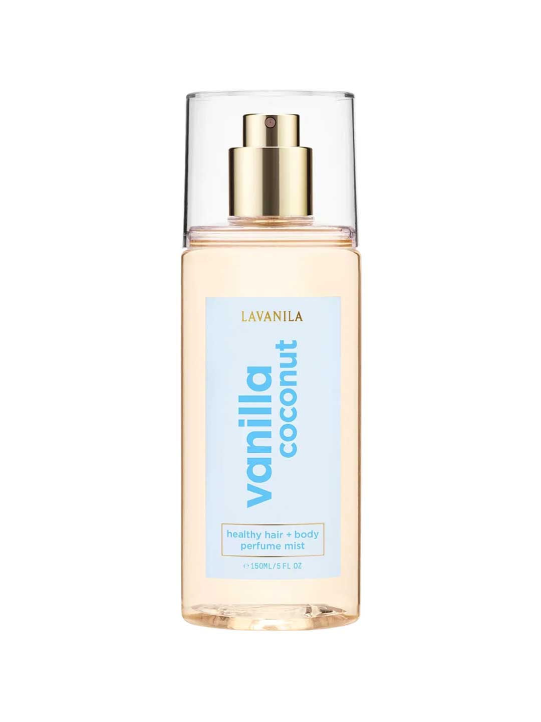 A clear bottle of Lavanila Healthy Hair and Body Mist Vanilla Coconut with a gold spray nozzle and blue label, containing 150ml of vegan fragrance for hair and body.