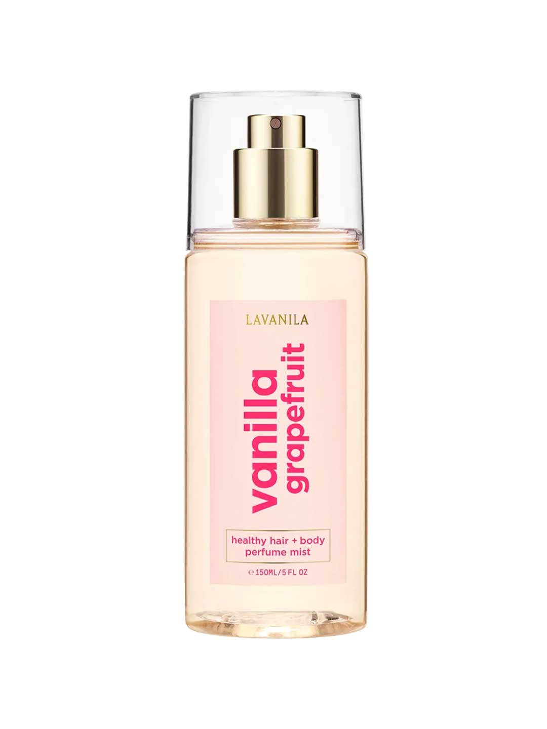 A clear spray bottle labeled Lavanila Healthy Hair and Body Mist Vanilla Grapefruit 150ml contains a pink vegan fragrance, features a gold spray nozzle with a transparent cap, and is marked “healthy hair + body perfume mist” at the bottom.