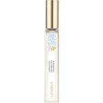 A clear glass roller ball bottle with a gold cap and a white-and-gold label featuring light blue floral accents, labeled “Lavanila The Healthy Fragrance”—the Vanilla Coconut natural perfume in a 10ml size.