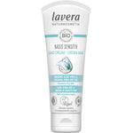 A 75ml tube of Lavera Basis Sensitiv Hand Cream in white with blue and green accents. The label shows it's an organic, vegan hand cream, ideal for normal to dry or sensitive skin.