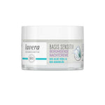 A white jar of Lavera Basis Sensitiv Calming Night Cream 50ml for sensitive skin features blue and grey text and a water splash graphic on the right, with Bio Aloe Vera & Bio Almond Oil in the formula.