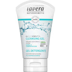 A white 125ml tube of Lavera Basis Sensitiv Cleansing Gel with blue accents, labeled for normal, sensitive, and combination skin. The front features water splashes and highlights organic aloe vera and jojoba ingredients.