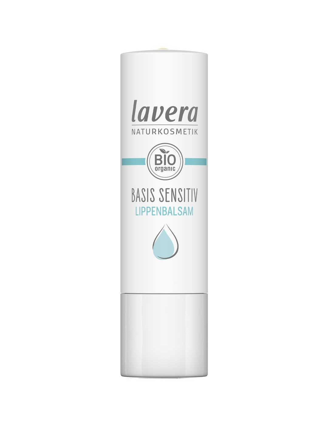 A white tube of Lavera Basis Sensitiv Lip Balm 4.5g with blue accents, featuring the Lavera Naturkosmetik logo, BIO organic label, and a blue water droplet—specially formulated for sensitive lips with organic jojoba oil.